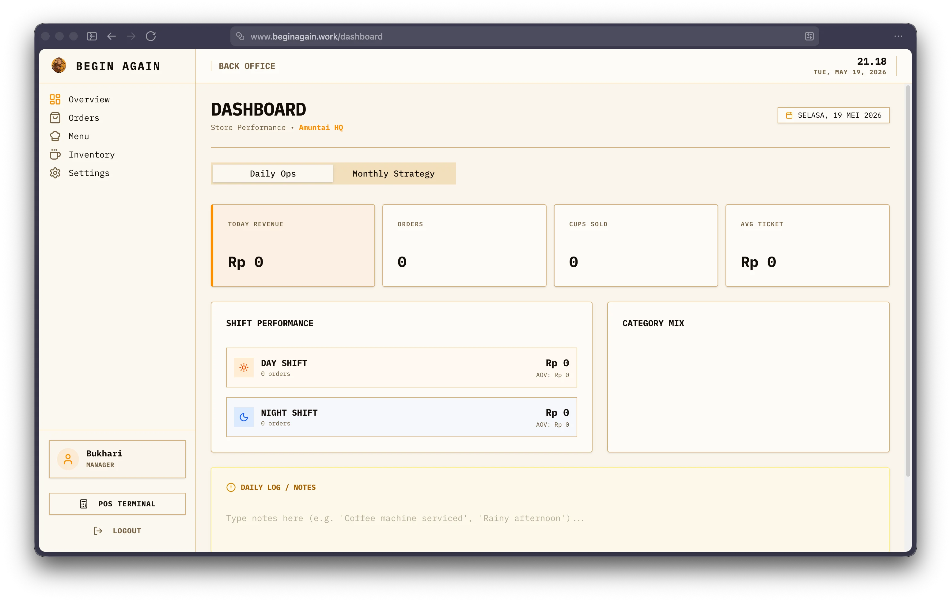 Management dashboard showing real-time COGS and shift data