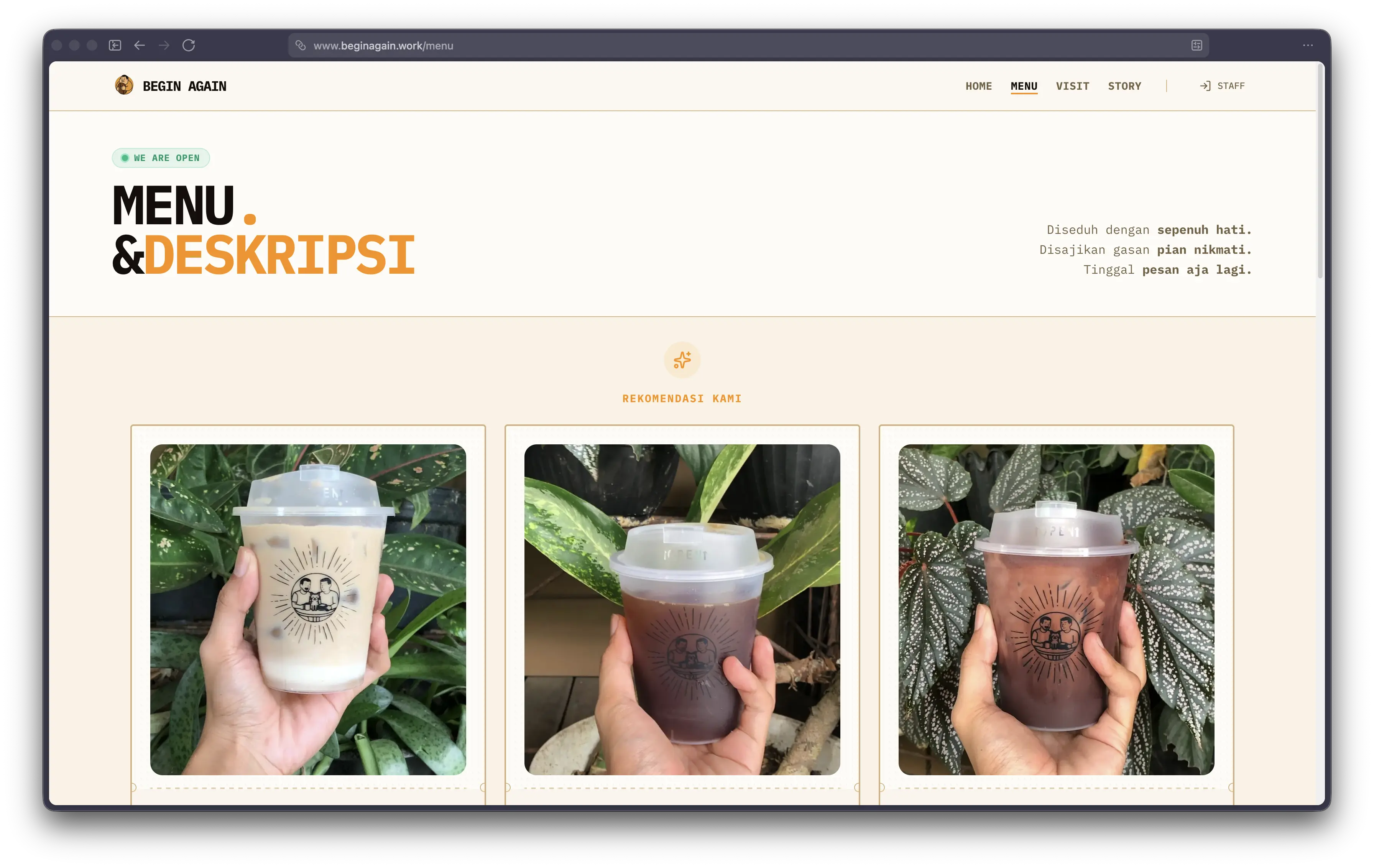 The public-facing marketing site for Begin Again Coffee